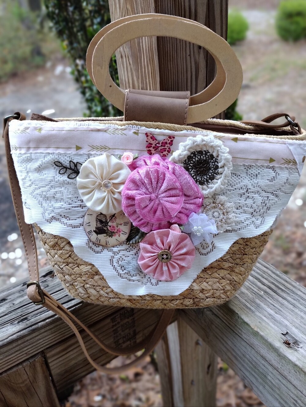 Cottagecore Upcycled Floral Straw Crossbody Bag